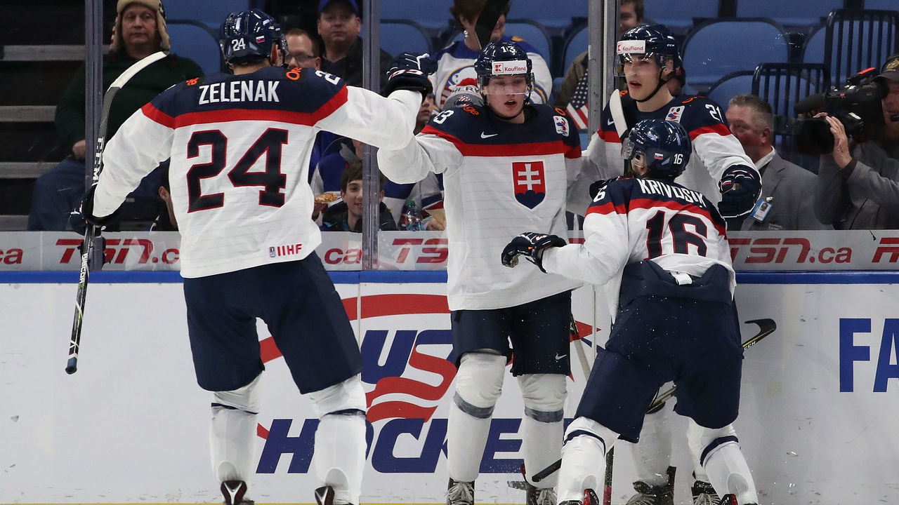 BUFFALO, NY - DECEMBER 28: Filip Krivosik #16 of Slovakia celebrates after scoring on the United States in the second period during the IIHF World Junior Championship at KeyBank Center on December 28, 2017 in Buffalo, New York.