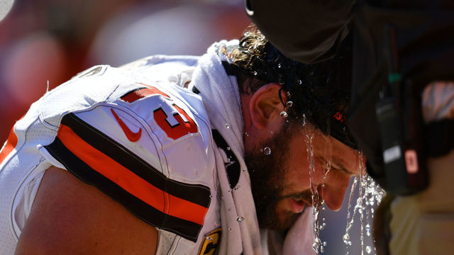 CLEVELAND, OH - OCTOBER 01: Joe Thomas #73 of the Cleveland Browns cools off in the game against the Cincinnati Bengals at FirstEnergy Stadium on October 1, 2017 in Cleveland, Ohio.