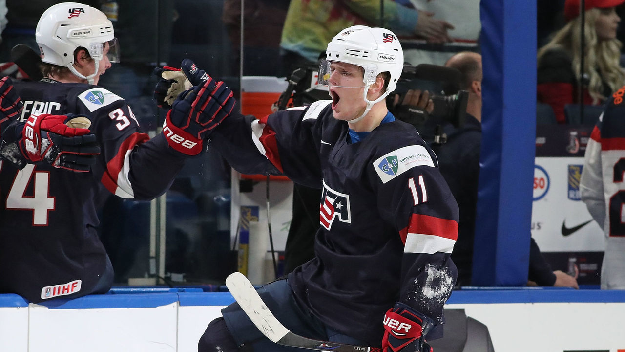BUFFALO, NY - DECEMBER 28: Casey Mittelstadt #11 of United States celebrates after scoring a goal against Slovakia in the third period during the IIHF World Junior Championship at KeyBank Center on December 28, 2017 in Buffalo, New York. Slovakia beat the United States 3-2.