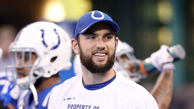 INDIANAPOLIS, IN - OCTOBER 22: Andrew Luck #12 of the Indianapolis Colts looks on prior to the game against the Jacksonville Jaguars at Lucas Oil Stadium on October 22, 2017 in Indianapolis, Indiana.