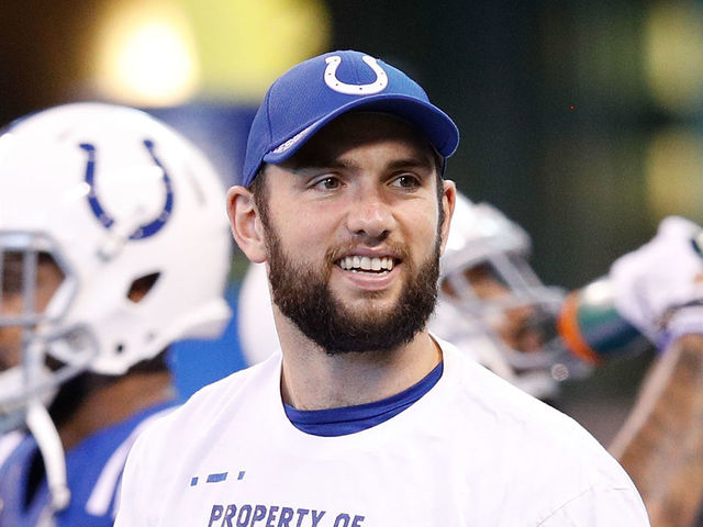 INDIANAPOLIS, IN - OCTOBER 22: Andrew Luck #12 of the Indianapolis Colts looks on prior to the game against the Jacksonville Jaguars at Lucas Oil Stadium on October 22, 2017 in Indianapolis, Indiana.