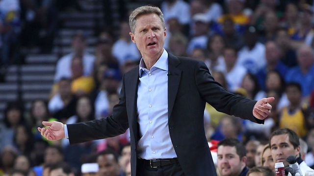 OAKLAND, CA - DECEMBER 25: Head coach Steve Kerr of the Golden State Warriors reacts to the officiating from the referees during an NBA basketball game against the Cleveland Cavaliers at ORACLE Arena on December 25, 2017 in Oakland, California.