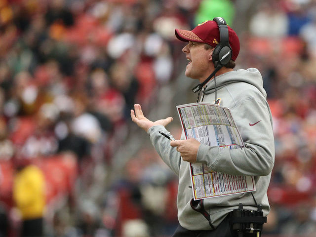 LANDOVER, MD - DECEMBER 17: Head Coach Jay Gruden of the Washington Redskins yells from the sideline in the second quarter against the Arizona Cardinals at FedEx Field on December 17, 2017 in Landover, Maryland.