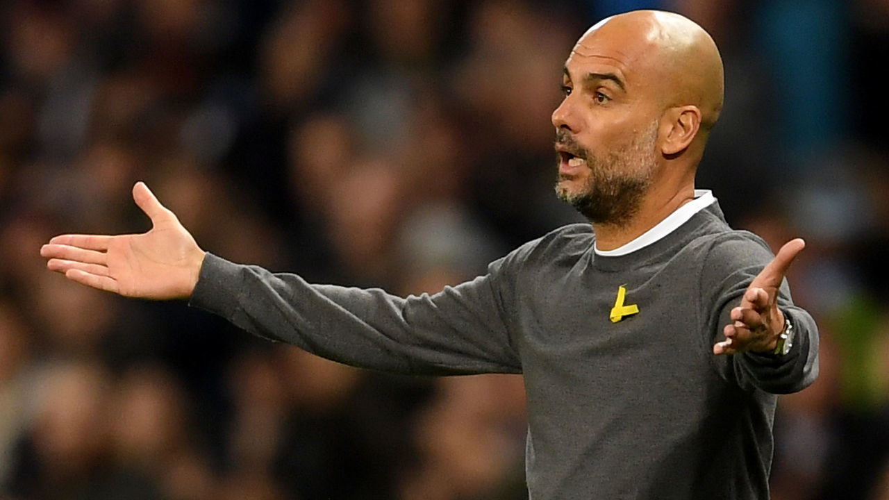 MANCHESTER, ENGLAND - NOVEMBER 21: Josep Guardiola, Manager of Manchester City reacts during the UEFA Champions League group F match between Manchester City and Feyenoord at Etihad Stadium on November 21, 2017 in Manchester, United Kingdom.