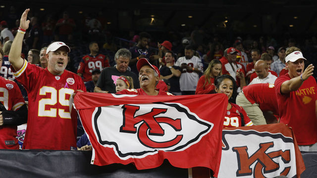 HOUSTON, TX - OCTOBER 08: Kansas City Chiefs fans celebrate in the fourth quarter against the Houston Texans at NRG Stadium on October 8, 2017 in Houston, Texas.