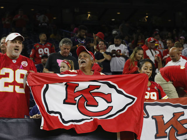 HOUSTON, TX - OCTOBER 08: Kansas City Chiefs fans celebrate in the fourth quarter against the Houston Texans at NRG Stadium on October 8, 2017 in Houston, Texas.