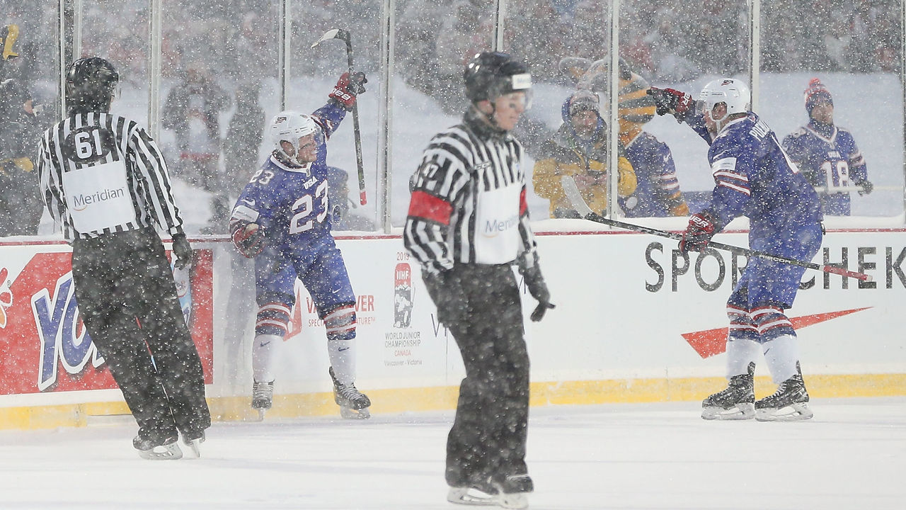 BUFFALO, NY - DECEMBER 29: Kieffer Bellows #23 of United States celebrates after scoring a goal on Canada in the second period during the IIHF World Junior Championship at New Era Field on December 29, 2017 in Buffalo, New York.