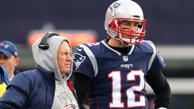 FOXBORO, MA - DECEMBER 24: Head coach Bill Belichick of the New England Patriots stands with Tom Brady #12 during the second half against the Buffalo Bills at Gillette Stadium on December 24, 2017 in Foxboro, Massachusetts.