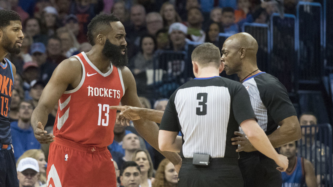 OKLAHOMA CITY, OK - DECEMBER 25: James Harden #13 of the Houston Rockets argues a foul call against the Oklahoma City Thunder during the first half of a NBA game at the Chesapeake Energy Arena on December 25, 2017 in Oklahoma City, Oklahoma.