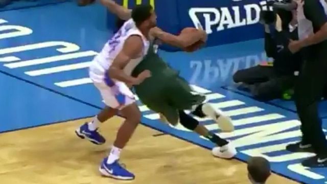 Watch: Giannis appears to step out of bounds before dunking game-winner