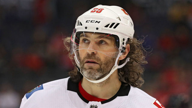 WASHINGTON, DC - NOVEMBER 20: Jaromir Jagr #68 of the Calgary Flames looks on against the Washington Capitals during the third period at Capital One Arena on November 20, 2017 in Washington, DC.