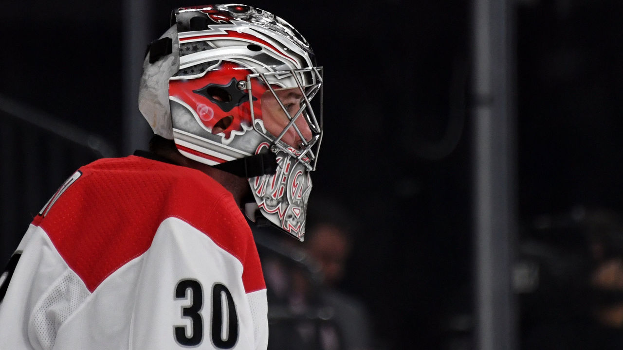 LAS VEGAS, NV - DECEMBER 12: Cam Ward #30 of the Carolina Hurricanes stands on the ice during a break in a game against the Vegas Golden Knights at T-Mobile Arena on December 12, 2017 in Las Vegas, Nevada. The Hurricanes won 3-2 in a shootout.
