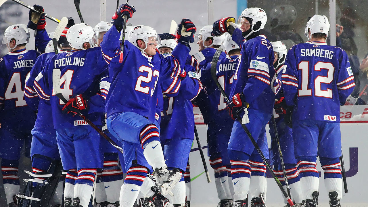 BUFFALO, NY - DECEMBER 29: The United States team celebrates after beating Canada during the IIHF World Junior Championship at New Era Field on December 29, 2017 in Buffalo, New York. The United States beat Canada 4-3.
