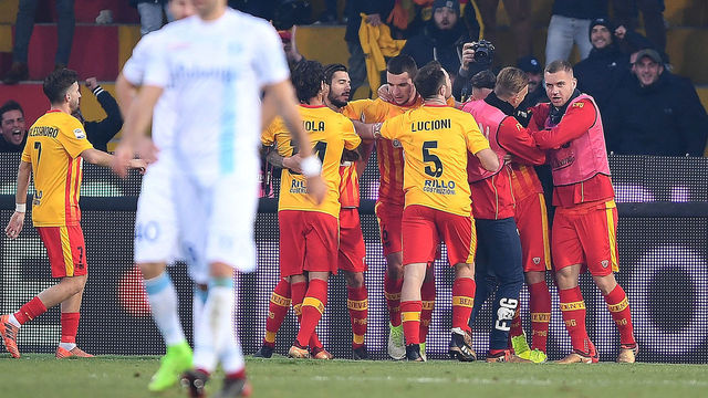 BENEVENTO, ITALY - DECEMBER 30: Players of Benevento Calcio celebrates after Massimo Coda scored the 1-0 goal, beside the disappointment of players of AC Chievo Verona during the serie A match between Benevento Calcio and AC Chievo Verona at Stadio Ciro Vigorito on December 30, 2017 in Benevento, Italy.