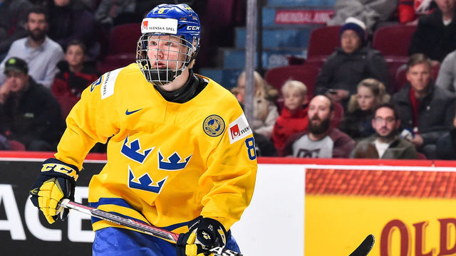 MONTREAL, QC - DECEMBER 31: Rasmus Dahlin #8 of Team Sweden skates as he looks on during the 2017 IIHF World Junior Championship preliminary round game against Team Czech Republic at the Bell Centre on December 31, 2016 in Montreal, Quebec, Canada. Team Sweden defeated Team Czech Republic 5-2.