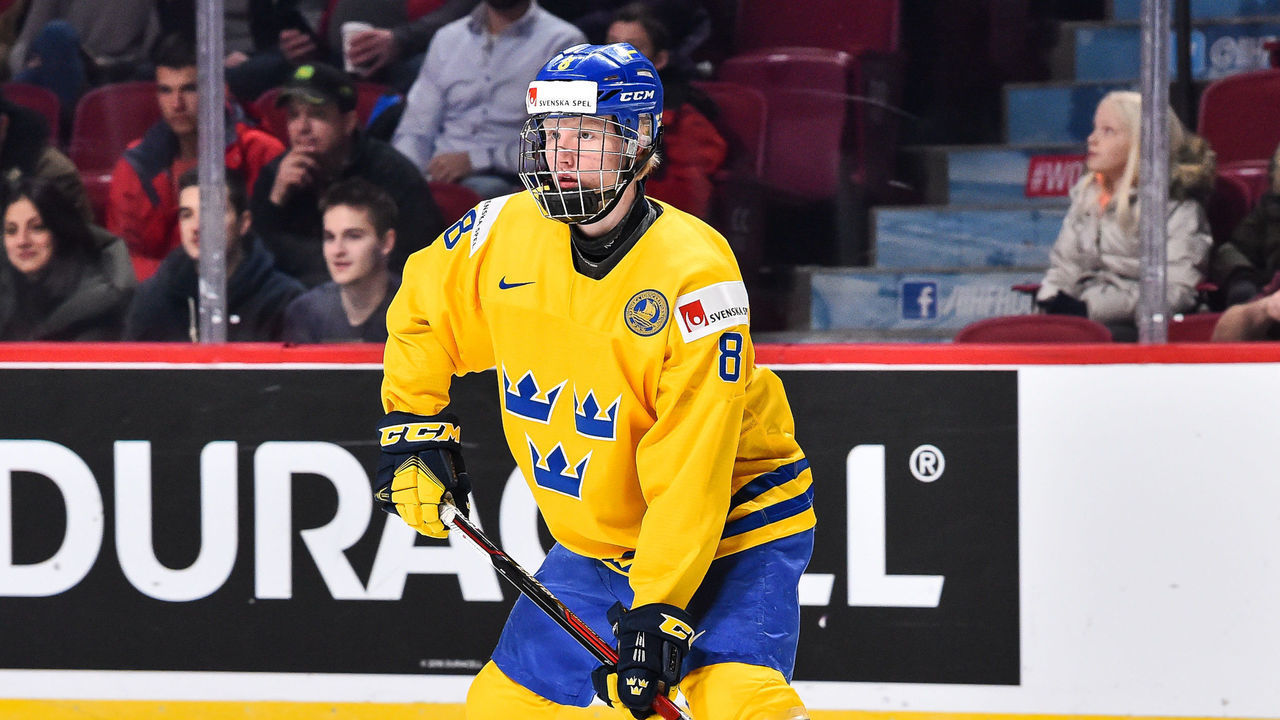 MONTREAL, QC - DECEMBER 31: Rasmus Dahlin #8 of Team Sweden skates during the 2017 IIHF World Junior Championship preliminary round game against Team Czech Republic at the Bell Centre on December 31, 2016 in Montreal, Quebec, Canada. Team Sweden defeated Team Czech Republic 5-2.