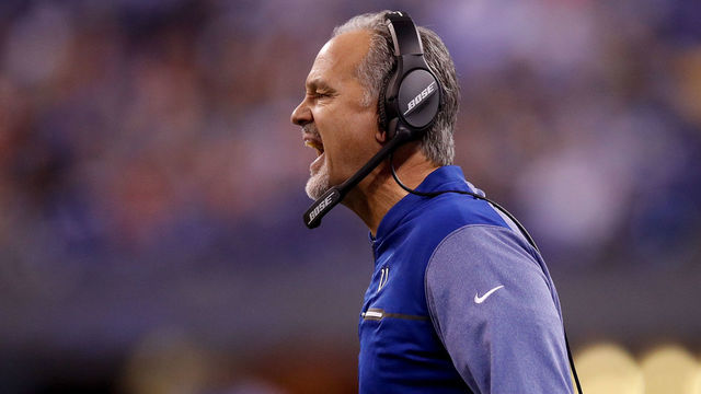 INDIANAPOLIS, IN - DECEMBER 14: Head coach Chuck Pagano of the Indianapolis Colts reacts against the Denver Broncos during the second half at Lucas Oil Stadium on December 14, 2017 in Indianapolis, Indiana.