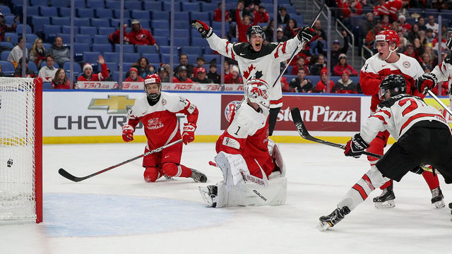 BUFFALO, NY - DECEMBER 30: Brett Howden #21 of Canada scores a goal past Emil Gransoe #1 of Denmark to give Cananda a 2-0 lead during the first period of play in the IIHF World Junior Championships at the KeyBank Center on December 30, 2017 in Buffalo, New York.