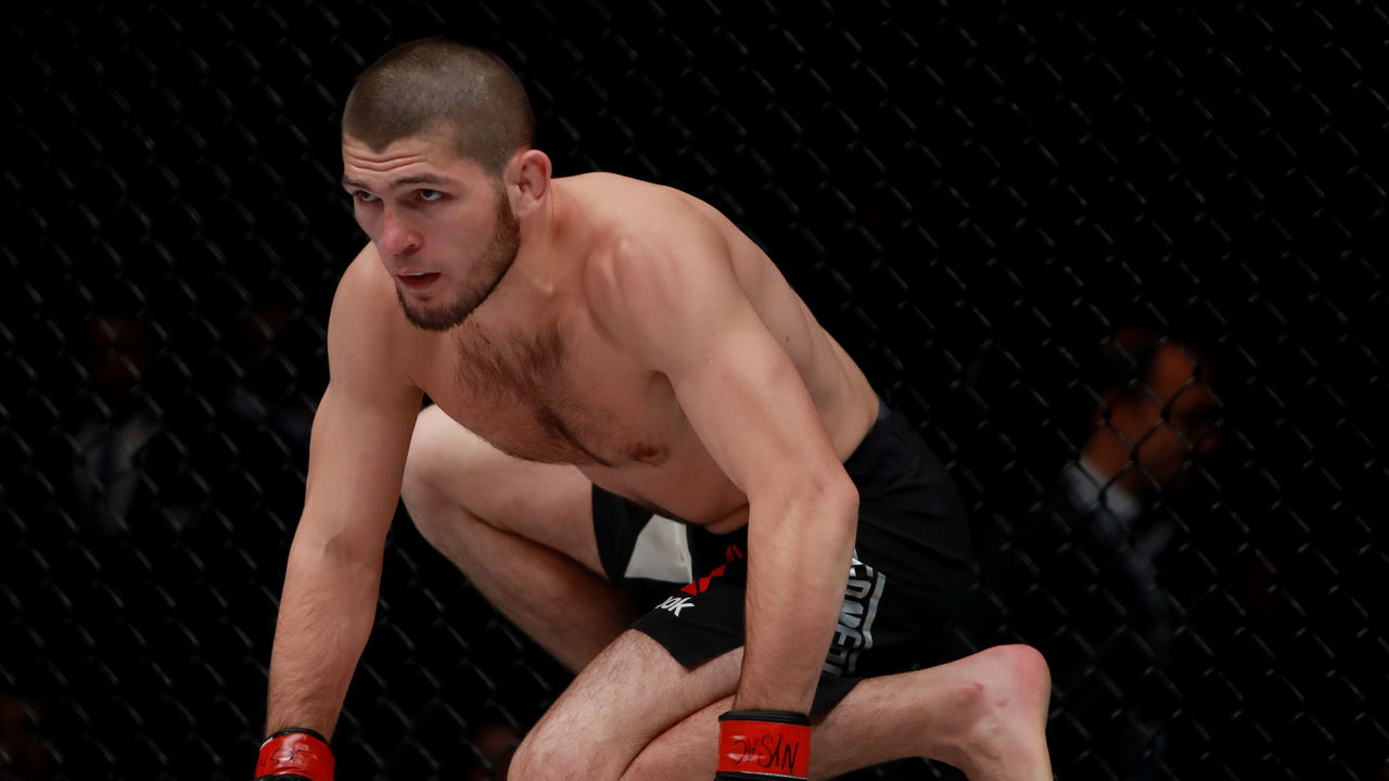 NEW YORK, NY - NOVEMBER 12: Khabib Nurmagomedov of Russia reacts against Michael Johnson of the United States in their lightweight bout during the UFC 205 event at Madison Square Garden on November 12, 2016 in New York City.