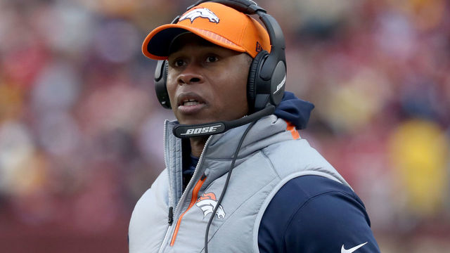 LANDOVER, MD - DECEMBER 24: Head coach Vance Joseph of the Denver Broncos looks on against the Washington Redskins in the second half at FedExField on December 24, 2017 in Landover, Maryland.