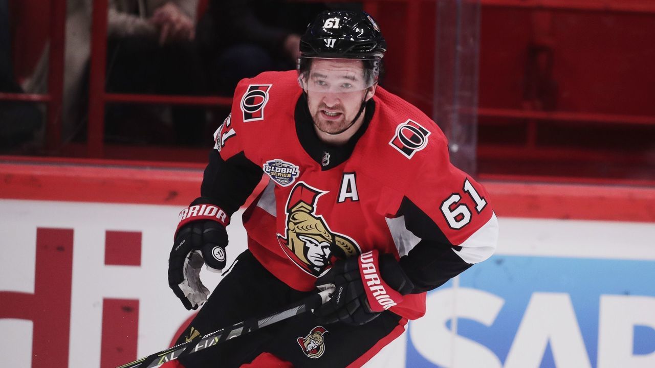 STOCKHOLM, SWEDEN - NOVEMBER 11: Mark Stone #61 of Ottawa Senators during the 2017 SAP NHL Global Series match between Colorado Avalanche and Ottawa Senators at Ericsson Globe on November 11, 2017 in Stockholm, Sweden.