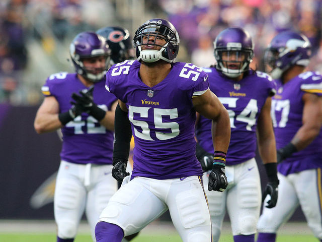MINNEAPOLIS, MN - DECEMBER 31: Anthony Barr #55 of the Minnesota Vikings celebrates after tackling Michael Burton #46 of the Chicago Bears for no gain on third down in the first quarter of the game on December 31, 2017 at U.S. Bank Stadium in Minneapolis, Minnesota.