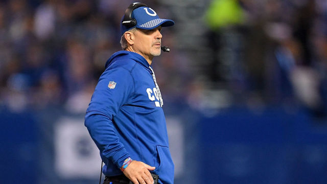 INDIANAPOLIS, IN - DECEMBER 31: Head coach Chuck Pagano of the Indianapolis Colts looks on against the Houston Texans during the first half at Lucas Oil Stadium on December 31, 2017 in Indianapolis, Indiana.