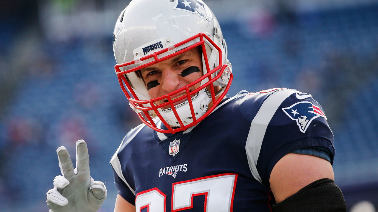 FOXBORO, MA - DECEMBER 31: Rob Gronkowski #87 of the New England Patriots looks on before the game against the New York Jets at Gillette Stadium on December 31, 2017 in Foxboro, Massachusetts.