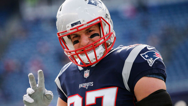 FOXBORO, MA - DECEMBER 31: Rob Gronkowski #87 of the New England Patriots looks on before the game against the New York Jets at Gillette Stadium on December 31, 2017 in Foxboro, Massachusetts.