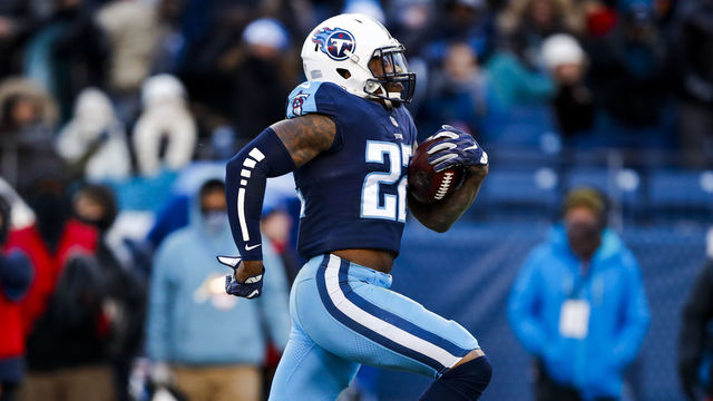 NASHVILLE, TN - DECEMBER 31:Running Back Derrick Henry #22 of the Tennessee Titans carries the ball against the Jacksonville Jaguars at Nissan Stadium on December 31, 2017 in Nashville, Tennessee.