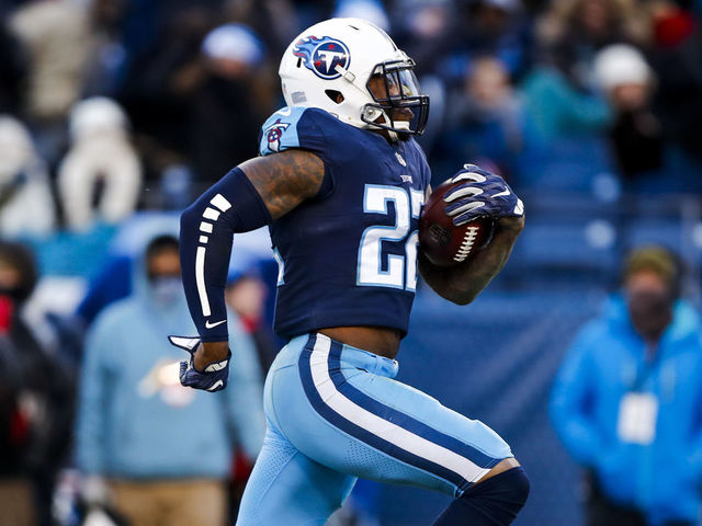NASHVILLE, TN - DECEMBER 31:Running Back Derrick Henry #22 of the Tennessee Titans carries the ball against the Jacksonville Jaguars at Nissan Stadium on December 31, 2017 in Nashville, Tennessee.