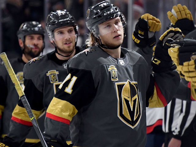 LAS VEGAS, NV - DECEMBER 23: William Karlsson #71 of the Vegas Golden Knights celebrates with teammates after scoring a first-period goal against the Washington Capitals during their game at T-Mobile Arena on December 23, 2017 in Las Vegas, Nevada. The Golden Knights won 3-0.