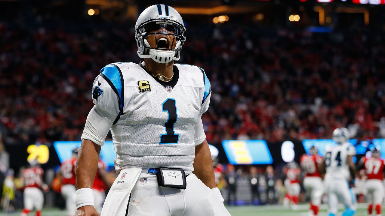 ATLANTA, GA - DECEMBER 31: Cam Newton #1 of the Carolina Panthers celebrates a touchdown during the first half against the Atlanta Falcons at Mercedes-Benz Stadium on December 31, 2017 in Atlanta, Georgia.