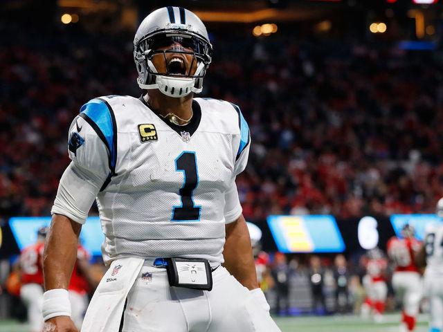 ATLANTA, GA - DECEMBER 31: Cam Newton #1 of the Carolina Panthers celebrates a touchdown during the first half against the Atlanta Falcons at Mercedes-Benz Stadium on December 31, 2017 in Atlanta, Georgia.