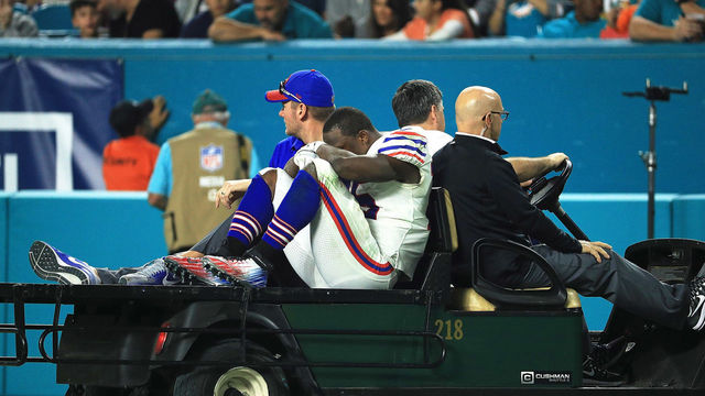 MIAMI GARDENS, FL - DECEMBER 31: LeSean McCoy #25 of the Buffalo Bills is carted off the field after an injury in the third quarter against the Miami Dolphins at Hard Rock Stadium on December 31, 2017 in Miami Gardens, Florida.