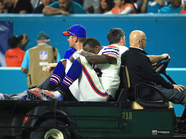 MIAMI GARDENS, FL - DECEMBER 31: LeSean McCoy #25 of the Buffalo Bills is carted off the field after an injury in the third quarter against the Miami Dolphins at Hard Rock Stadium on December 31, 2017 in Miami Gardens, Florida.