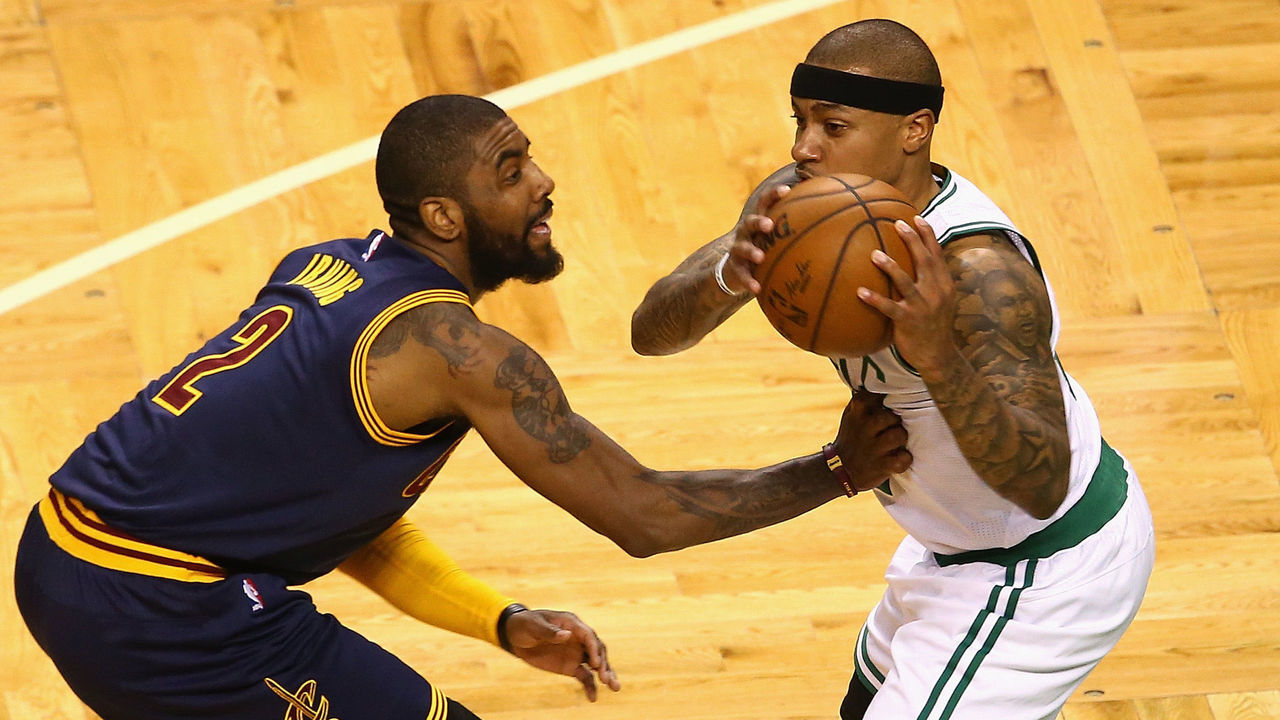 BOSTON, MA - MAY 17: Kyrie Irving #2 of the Cleveland Cavaliers defends Isaiah Thomas #4 of the Boston Celtics in the first half during Game One of the 2017 NBA Eastern Conference Finals at TD Garden on May 17, 2017 in Boston, Massachusetts.
