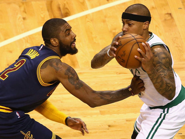 BOSTON, MA - MAY 17: Kyrie Irving #2 of the Cleveland Cavaliers defends Isaiah Thomas #4 of the Boston Celtics in the first half during Game One of the 2017 NBA Eastern Conference Finals at TD Garden on May 17, 2017 in Boston, Massachusetts.
