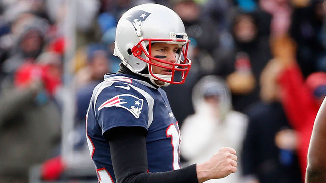 FOXBORO, MA - DECEMBER 31: Tom Brady #12 of the New England Patriots reacts after a rushing touchdown by Dion Lewis #33 (not pictured) during the first quarter against the New York Jets at Gillette Stadium on December 31, 2017 in Foxboro, Massachusetts.