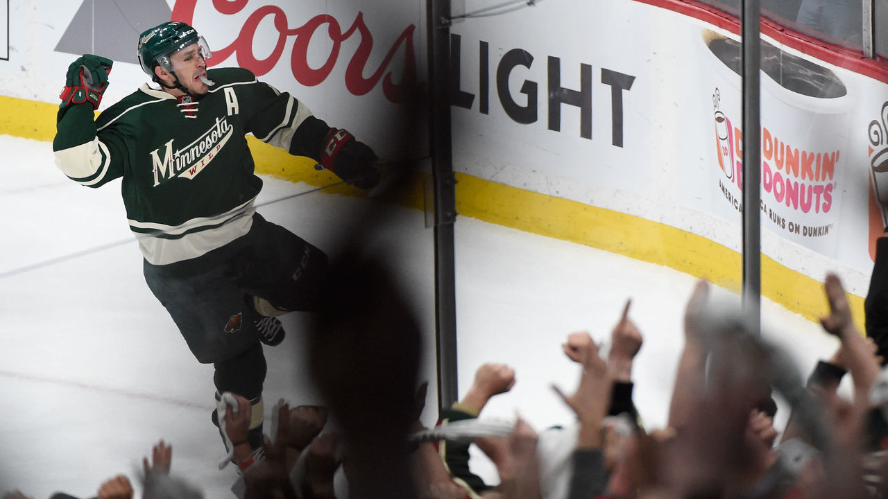 ST PAUL, MN - APRIL 12: Zach Parise #11 of the Minnesota Wild celebrates the game-tying goal in the last minute of the third period in Game One of the Western Conference First Round during the 2017 NHL Stanley Cup Playoffs at Xcel Energy Center on April 12, 2017 in St Paul, Minnesota.