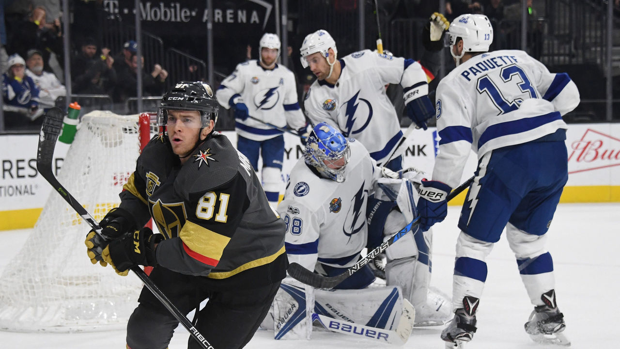 LAS VEGAS, NV - DECEMBER 19: Jonathan Marchessault #81 of the Vegas Golden Knights reacts after scoring a second-period power-play goal against the Tampa Bay Lightning during their game at T-Mobile Arena on December 19, 2017 in Las Vegas, Nevada.