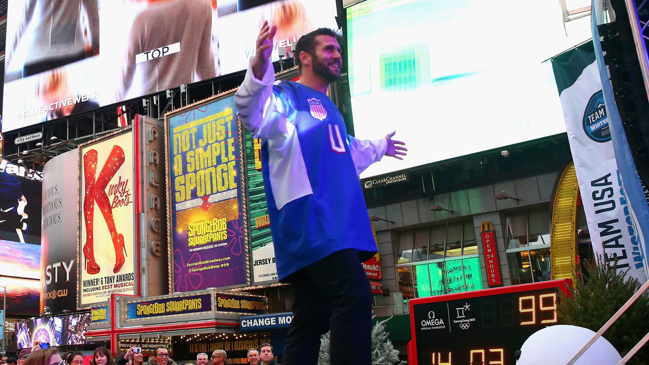 NEW YORK, NY - NOVEMBER 01: Ice hockey player Brian Gionta attends the 100 Days Out 2018 PyeongChang Winter Olympics Celebration - Team USA in Times Square on November 1, 2017 in New York City.