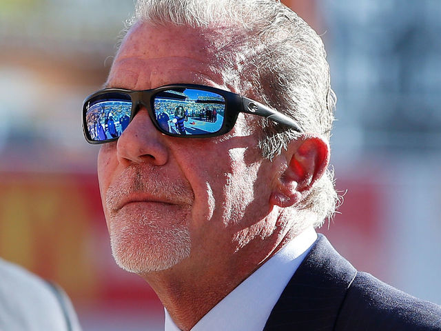 PITTSBURGH, PA - OCTOBER 26: Owner Jim Irsay of the Indianapolis Colts looks on during warmups prior to the game against the Pittsburgh Steelers at Heinz Field on October 26, 2014 in Pittsburgh, Pennsylvania.