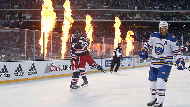FLUSHING, NY - JANUARY 01: New York Rangers left wing J.T. Miller (10) celebrates with teammate New York Rangers right wing Mats Zuccarello (36) after scoring the game winning goal during overtime of the 2018 Winter Classic between the New York Rangers and the Buffalo Sabres on January 1, 2018, at Citi Field in Flushing, NY.
