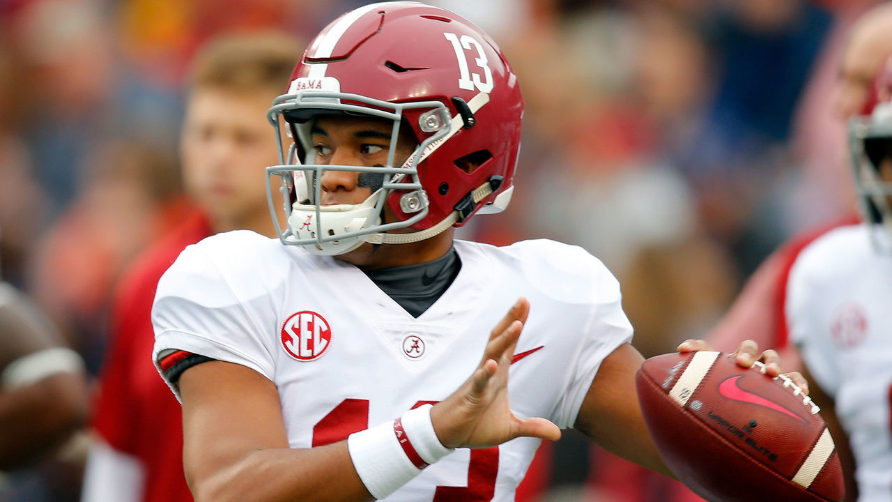 AUBURN, AL - NOVEMBER 25: Tua Tagovailoa #13 of the Alabama Crimson Tide warms up prior to the game against the Auburn Tigers at Jordan Hare Stadium on November 25, 2017 in Auburn, Alabama.