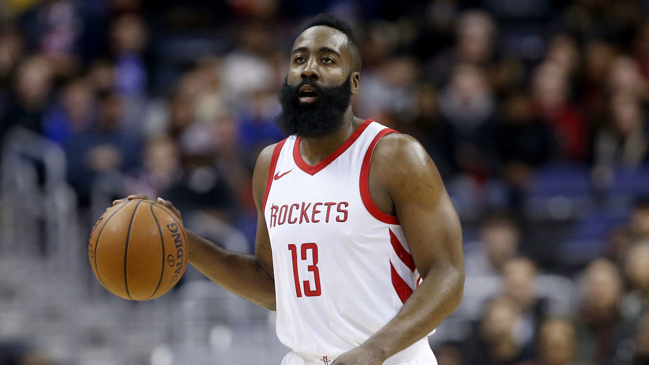 WASHINGTON, DC - DECEMBER 29: James Harden #13 of the Houston Rockets dribbles the ball against the Washington Wizards at Capital One Arena on December 29, 2017 in Washington, DC.