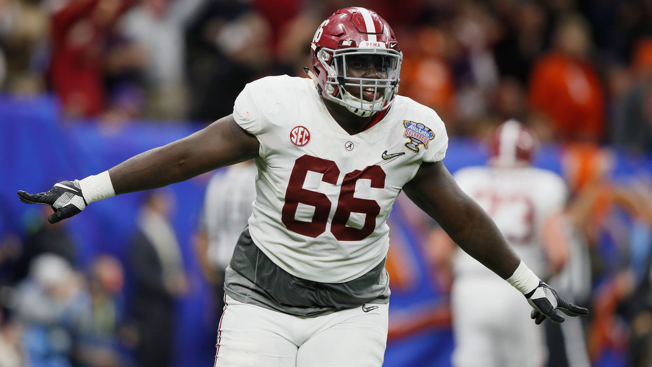 NEW ORLEANS, LA - JANUARY 01: Lester Cotton #66 of the Alabama Crimson Tide reacts in the second half of the AllState Sugar Bowl against the Clemson Tigers at the Mercedes-Benz Superdome on January 1, 2018 in New Orleans, Louisiana.