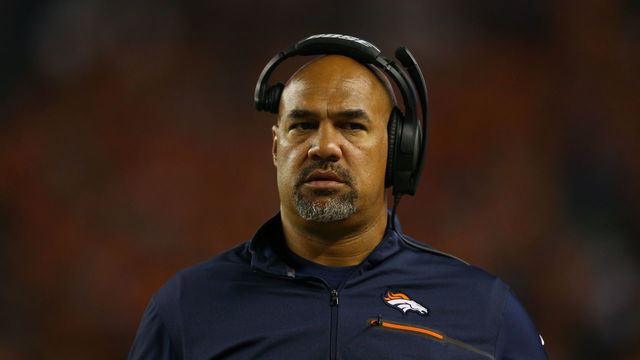 DENVER, CO - SEPTEMBER 8: Running backs coach Eric Studesville of the Denver Broncos looks on against the Carolina Panthers at Sports Authority Field Field at Mile High on September 8, 2016 in Denver, Colorado.