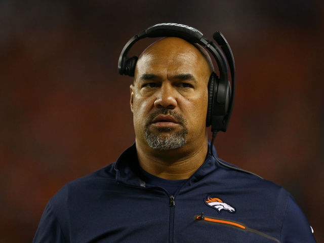 DENVER, CO - SEPTEMBER 8: Running backs coach Eric Studesville of the Denver Broncos looks on against the Carolina Panthers at Sports Authority Field Field at Mile High on September 8, 2016 in Denver, Colorado.