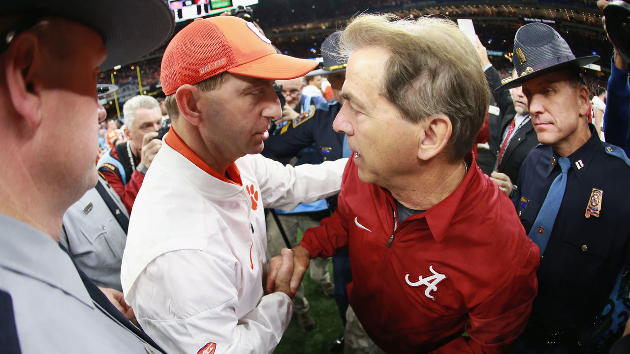 NEW ORLEANS, LA - JANUARY 01: Head coach Nick Saban of the Alabama Crimson Tide and head coach Dabo Swinney of the Clemson Tigers greet after the AllState Sugar Bowl at the Mercedes-Benz Superdome on January 1, 2018 in New Orleans, Louisiana.